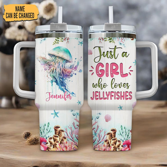 Watercolor Jellyfish 40oz Tumbler with Handle & Straw – Personalized Stainless Steel Insulated Travel Cup with Lid – Stylish Gift for Sea Life Lovers