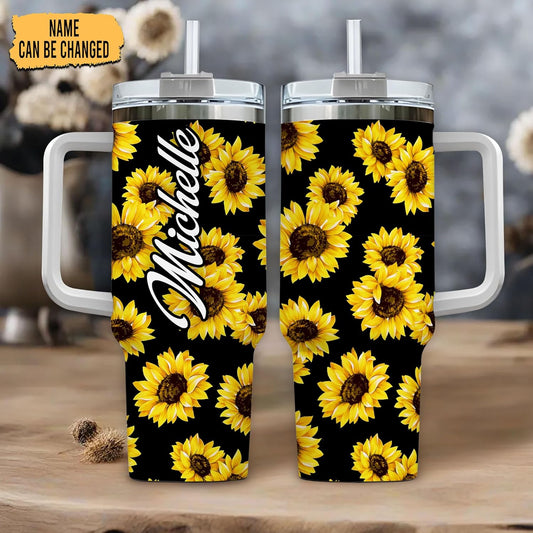 Sunflower Pattern Tumbler 40oz – Personalized Stainless Steel Insulated Cup with Handle & Straw – Bright Gift for Flower Lovers