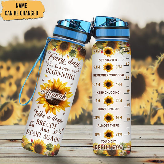 Sunflower Lovers “New Beginning” Water Bottle Tracker 32oz – Personalized Motivational Bottle with Time Marker – Inspirational Gift