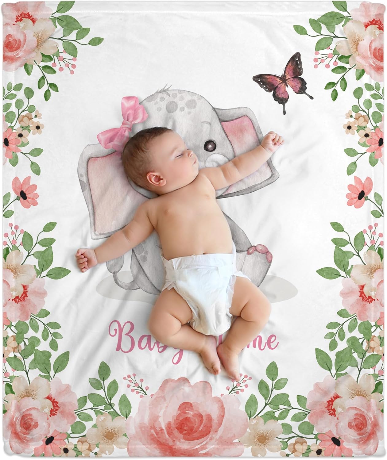 Flowers Elephant Baby Blanket - Personalized Blanket