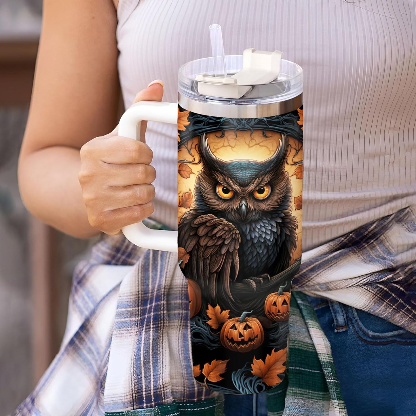 Halloween Owl Tumbler 40oz with Handle & Straw – Personalized Stainless Steel Insulated Cup with Lid – Spooky Gift for Owl Lovers