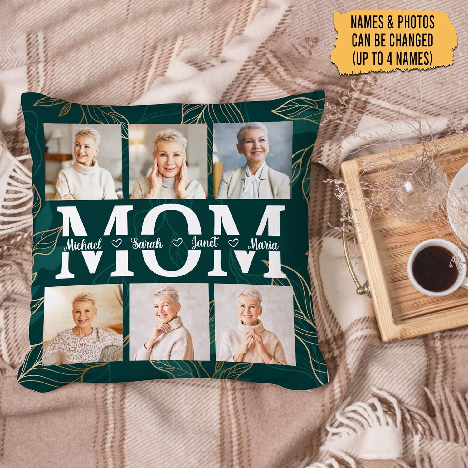 Mom Theme Green Pillow - Personalized Photo Pillow