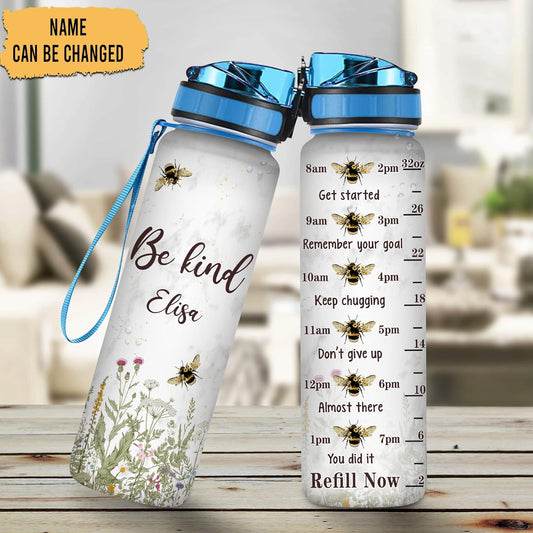 Bee Kind Water Bottle Tracker 32oz – Personalized Hydration Bottle with Time Marker – Inspiring Gift for Bee Lovers