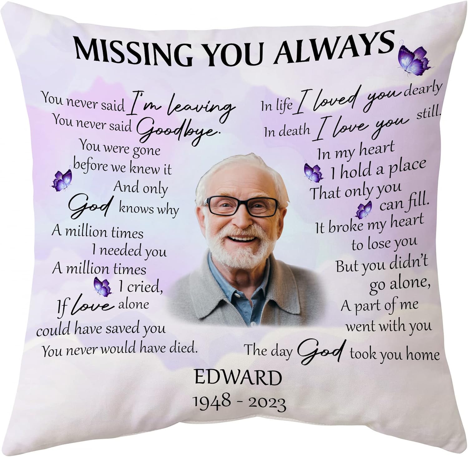 Butterfly Heaven Personalized Memorial Pillow with Insert – Custom Photo Remembrance Cushion – Healing Gift for Loss of Loved One