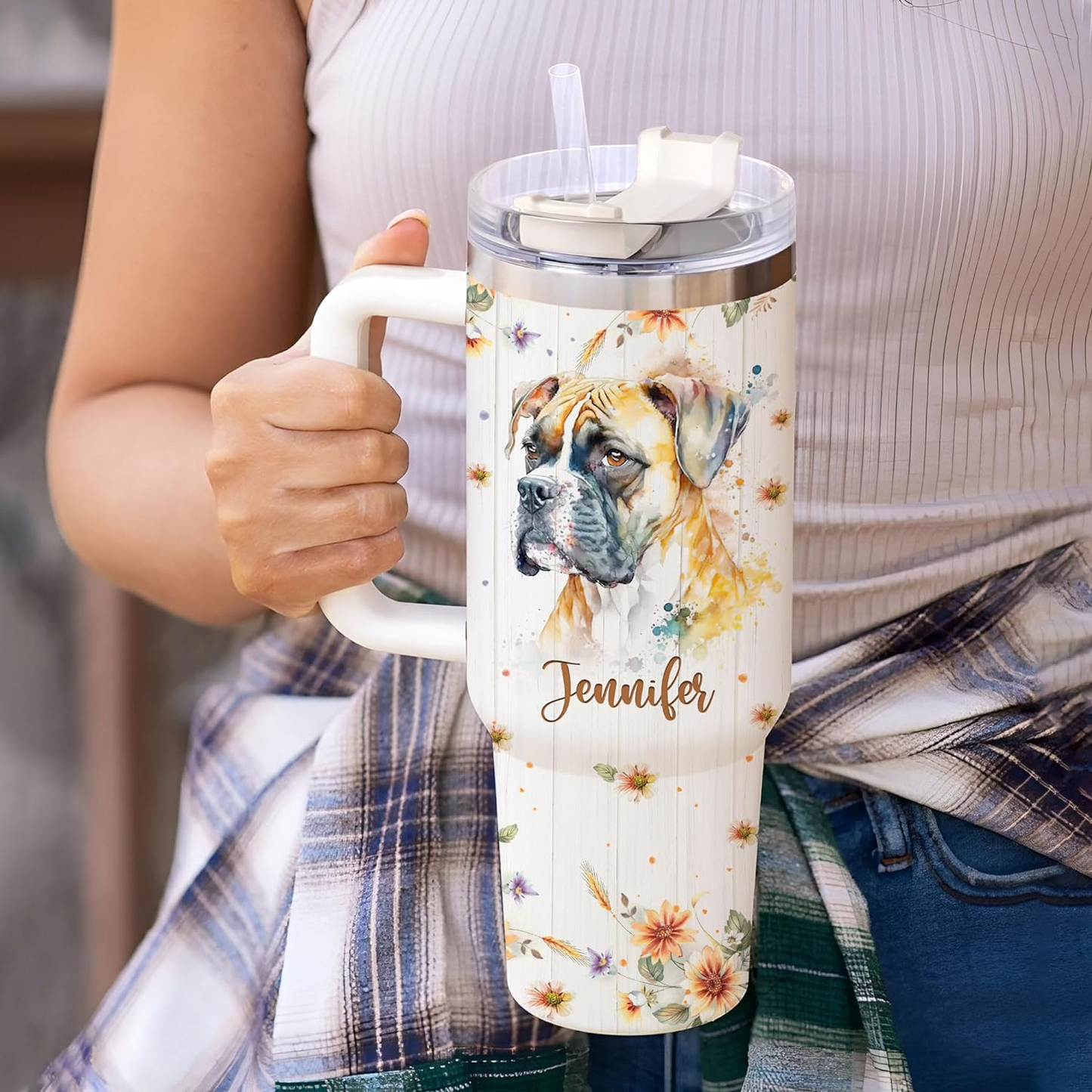Boxer Lover Tumbler 40oz with Handle & Straw – Personalized Stainless Steel Insulated Travel Mug – Fun Gift for Dog Moms