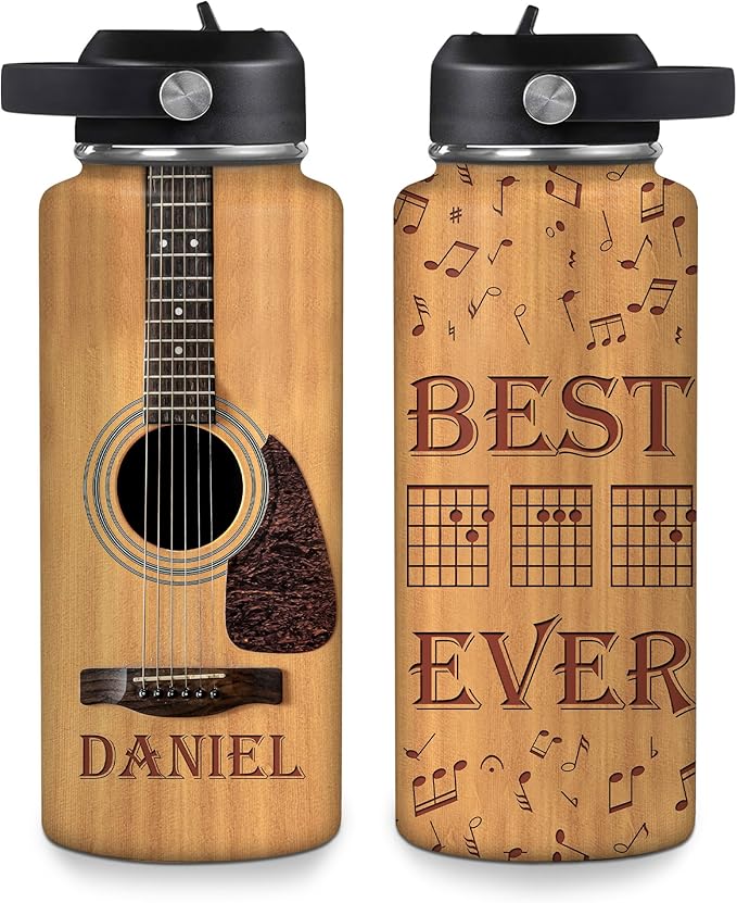 Acoustic Guitar Water Bottle 32oz – Personalized Stainless Steel Insulated Bottle with Leak-Proof Lid – Stylish Gift for Music Lovers
