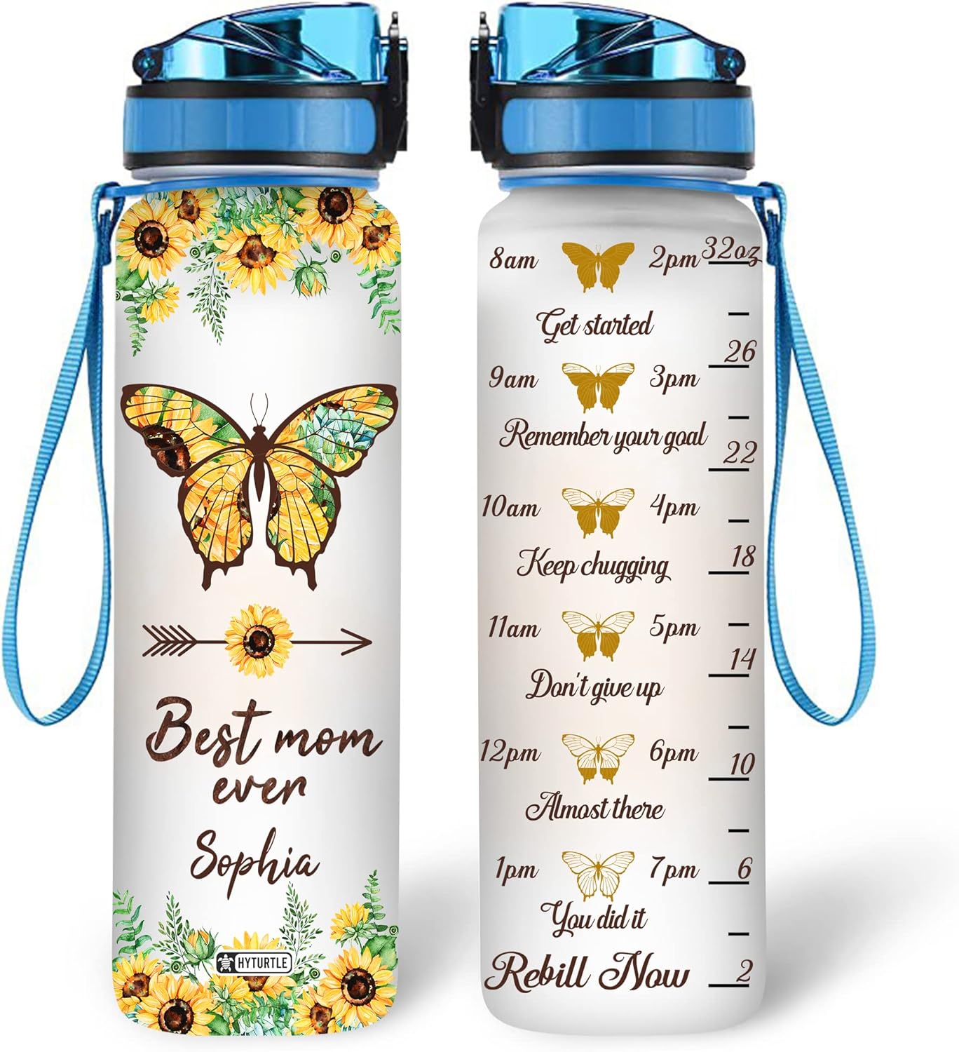 Best Mom Ever Butterfly Sunflower Water Bottle Tracker 32oz – Personalized Motivational Hydration Bottle – Heartfelt Gift for Mom