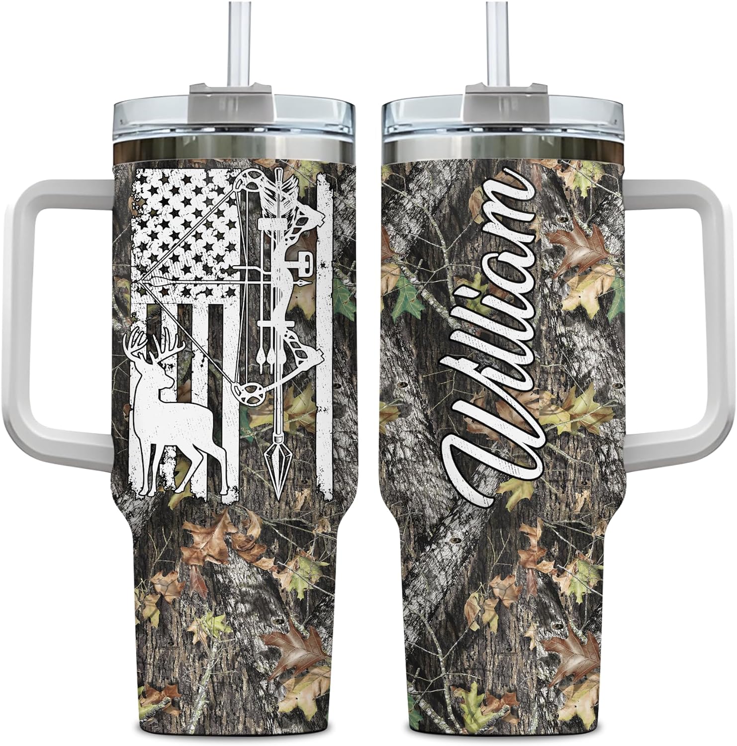 Deer Hunting Camo Tumbler 40oz with Handle & Straw – Personalized Stainless Steel Insulated Travel Cup with Lid – Rugged Gift for Hunters & Outdoorsmen