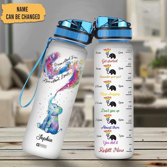 Elephant Rainbow Theme Water Bottle Tracker 32oz – Personalized BPA-Free Bottle with Time Marker – Inspirational Gift for Elephant & LGBT Lovers