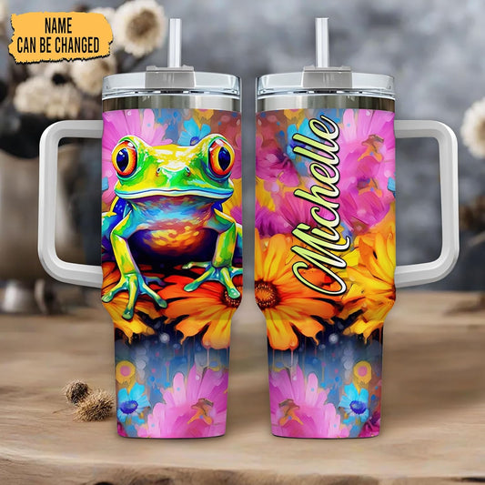 Colorful Frog Tumbler 40oz with Handle & Straw – Personalized Stainless Steel Insulated Travel Cup with Lid – Fun Gift for Frog Lovers