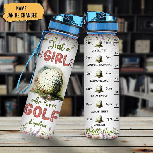 Golf Lovers Water Bottle Tracker 32oz – Personalized Motivational Hydration Bottle with Time Marker – Sporty Gift for Women on Birthday, Christmas
