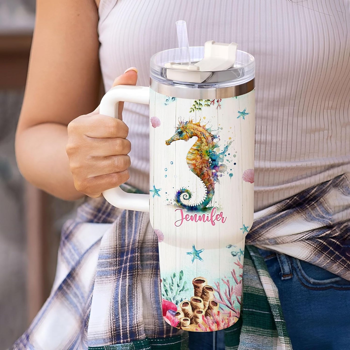Colorful Seahorse 40oz Tumbler with Handle & Straw – Personalized Stainless Steel Insulated Travel Cup with Lid – Unique Marine Gift for Women