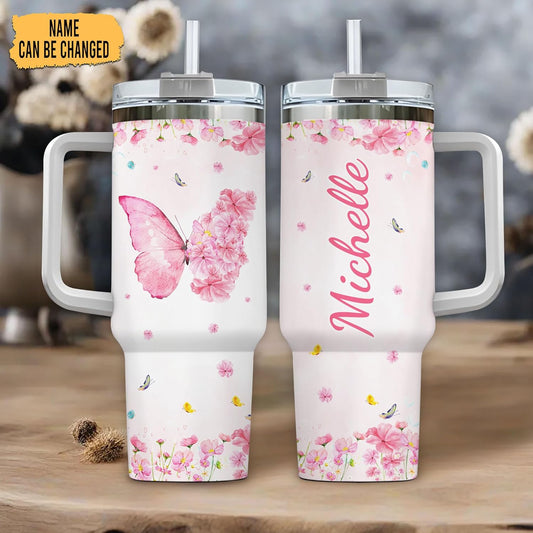 Pink Butterfly Floral Tumbler 40oz – Personalized Stainless Steel Insulated Cup with Handle & Straw – Unique Gift for Butterfly Lovers