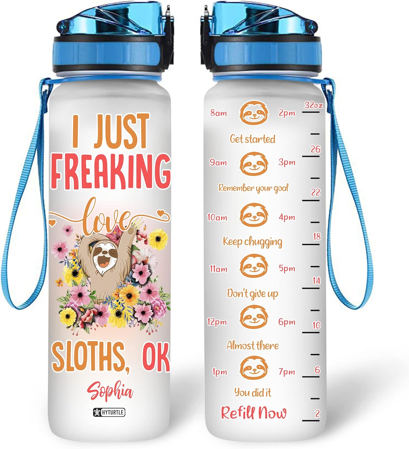 Cute Sloth Theme Water Bottle Tracker 32oz – Personalized Motivational Hydration Bottle – Adorable Gift for Sloth Lovers