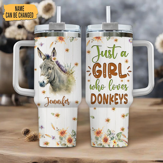 Donkey Lover Tumbler 40oz with Handle & Straw – Personalized Stainless Steel Insulated Travel Cup with Lid – Unique Gift for Animal Lovers