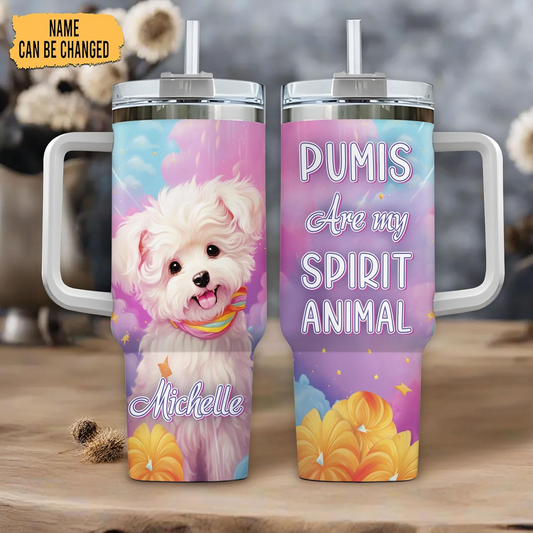 Pumi Dog Spirit Animal Tumbler 40oz – Personalized Stainless Steel Insulated Cup with Handle & Straw – Creative Gift for Dog Lovers