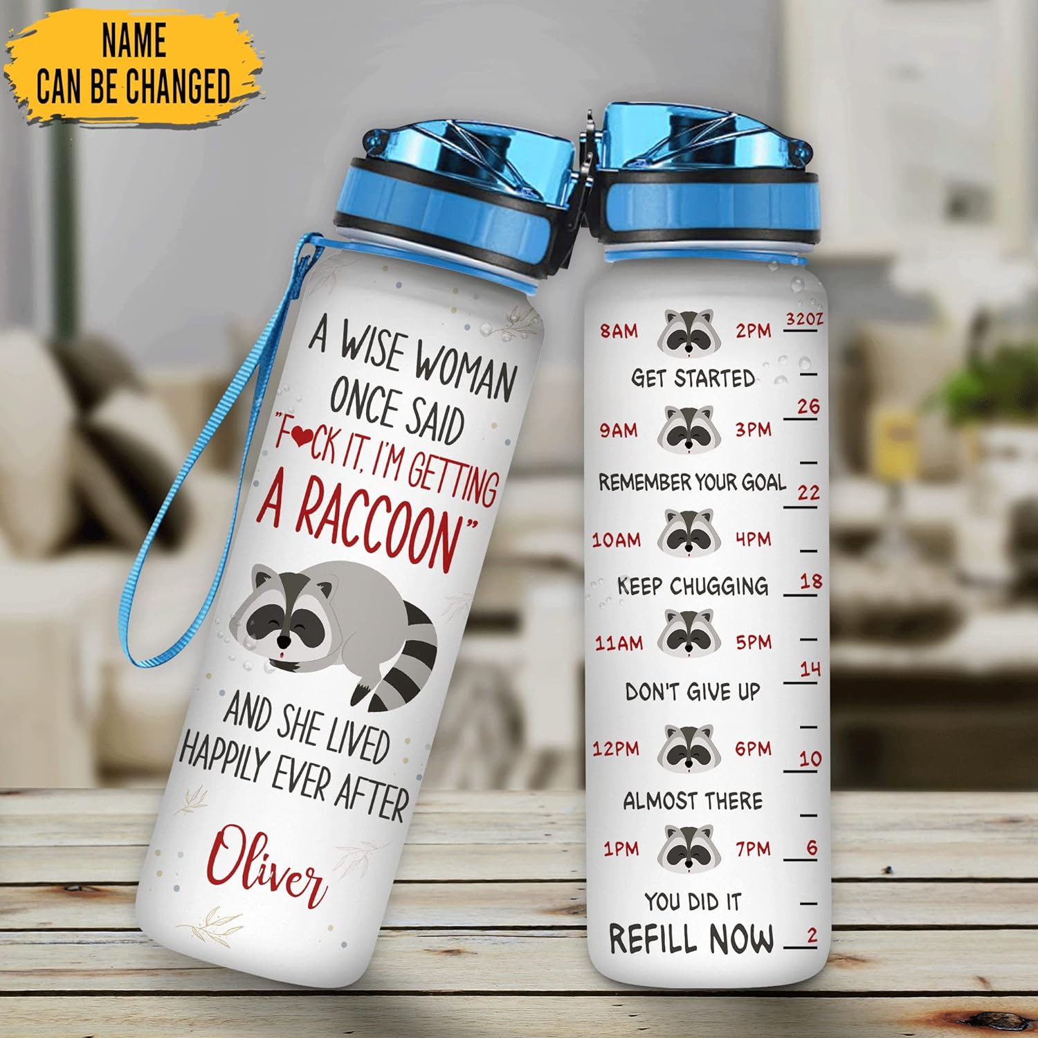 Raccoon Lover Water Bottle Tracker 32oz – Personalized Cute Animal Hydration Bottle with Time Marker – Fun Gift for Women Girls