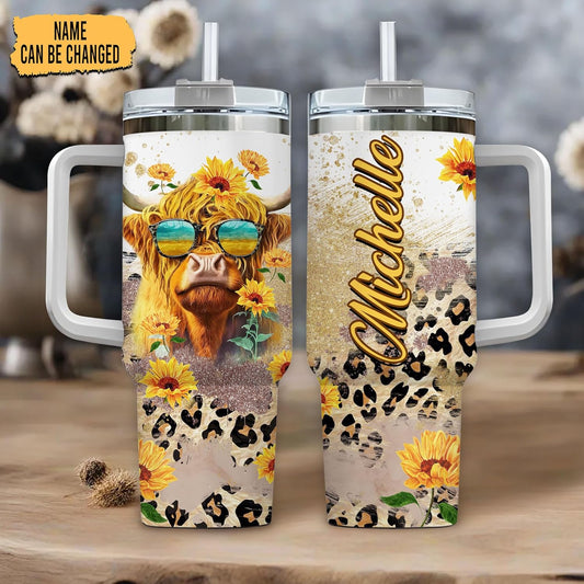 Sunflower Highland Cow Tumbler 40oz with Handle & Straw – Personalized Stainless Steel Travel Cup with Lid – Creative Gift for Animal Lovers