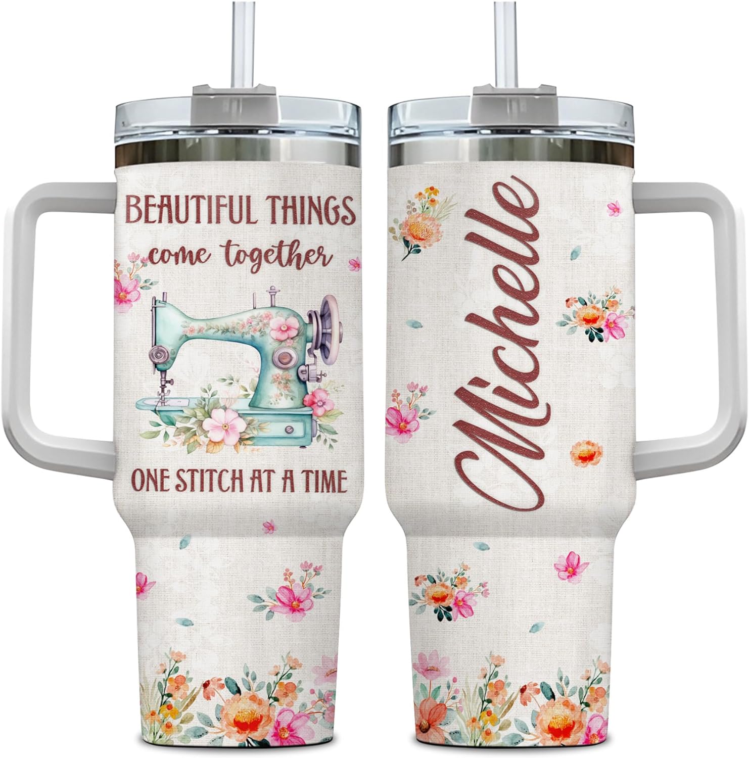 Floral Sewing Machine Tumbler 40oz with Handle & Straw – Personalized Stainless Steel Insulated Travel Cup with Lid – Creative Gift for Quilters & Sewing Lovers