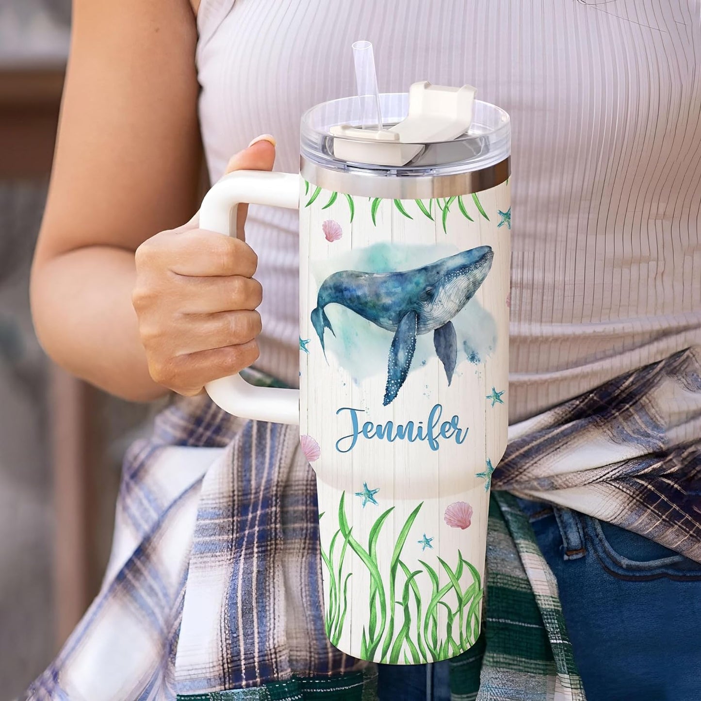 Whale Ocean Lover Tumbler 40oz – Personalized Stainless Steel Insulated Cup with Handle & Straw, Watercolor Marine Art – Stylish Gift for Women & Girls