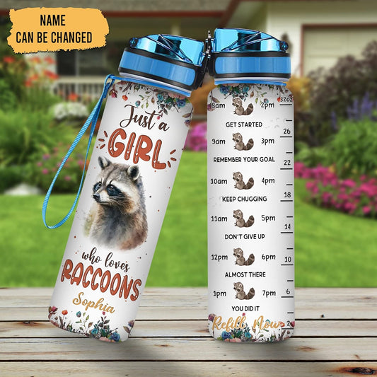 Raccoon Lovers Water Bottle Tracker 32oz – Personalized Motivational Bottle with Time Marker – Creative Gift for Animal Lovers