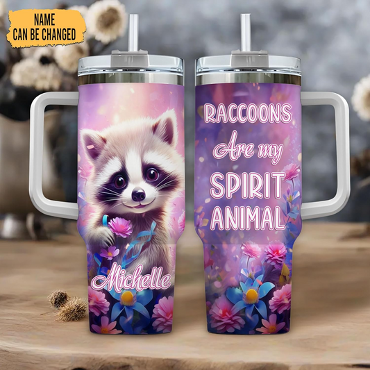 Raccoon Lover Tumbler 40oz with Handle & Straw – Personalized Stainless Steel Insulated Travel Cup with Lid – Unique Gift for Animal Lovers