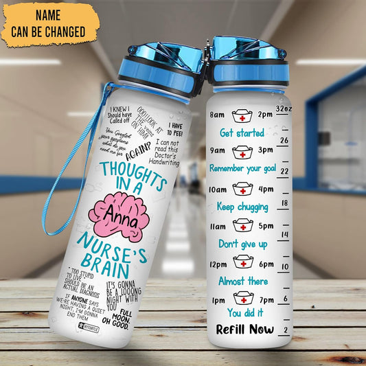 Nurse Brain Theme Water Bottle Tracker 32oz – Personalized Motivational Hydration Bottle with Time Marker – Appreciation Gift for Nurses