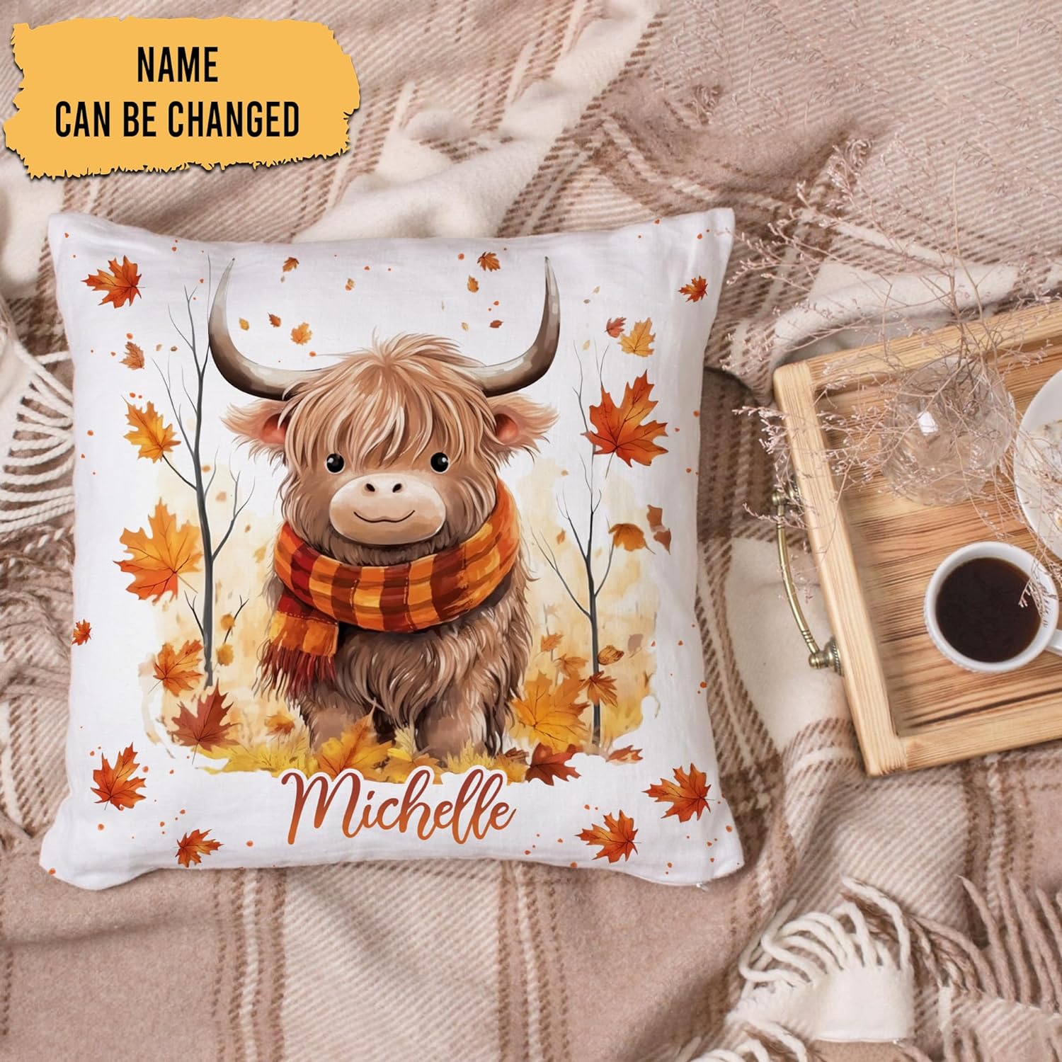 Highland Cow Maple Leaves - Personalized Pillow (Insert Included)
