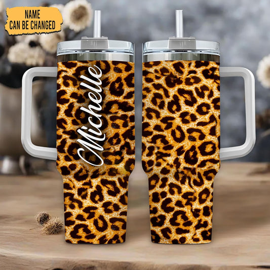Leopard Print Tumbler 40oz with Handle & Straw – Personalized Stainless Steel Insulated Travel Cup with Lid – Stylish Gift for Women