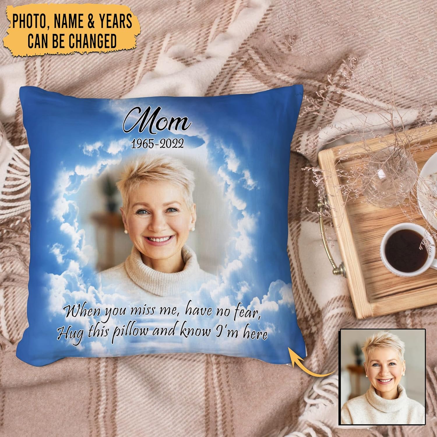 Personalized Memorial Pillow with Insert – Hug Me Custom Photo Cushion – Remembrance Gift for Loss of Loved One in Heaven