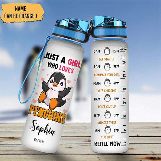 Penguin Lover Water Bottle Tracker 32oz Personalized – Cute Motivational Daily Bottle with Time Marker – Unique Gift for Women & Kids