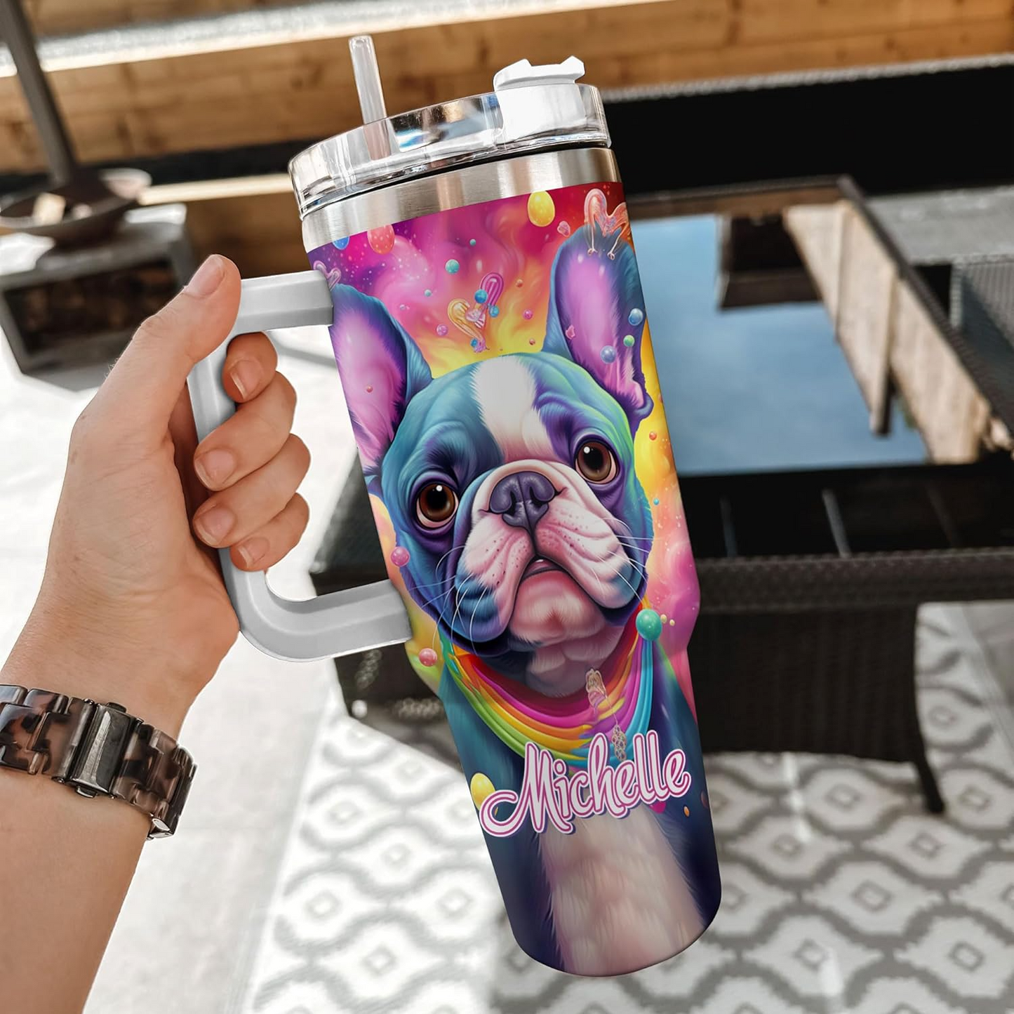 French Bulldog Lover Tumbler 40oz with Handle & Straw – Personalized Stainless Steel Travel Cup with Lid – Fun Gift for Dog Lovers