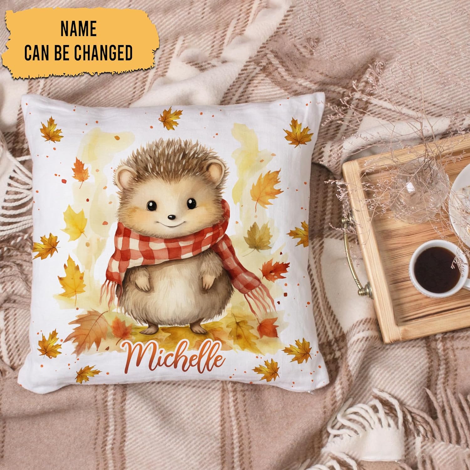 Hedgehog Maple Leaves - Personalized Pillow (Insert Included)