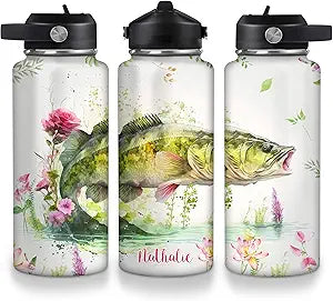 Bass Fishing Water Bottle 32oz – Personalized Stainless Steel Insulated Bottle with Leak-Proof Lid – Perfect Gift for Fishing Lovers