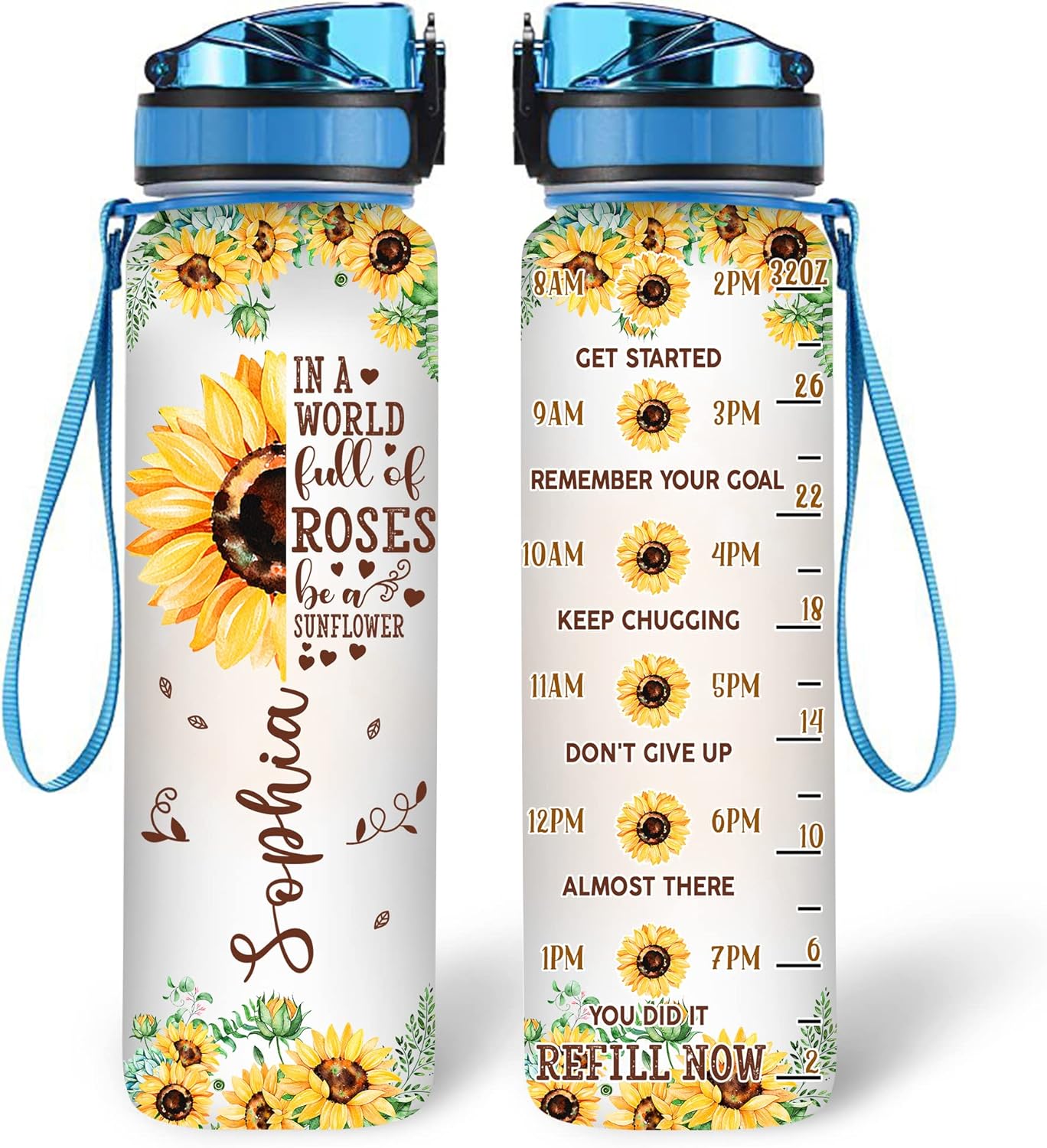 Be A Sunflower Water Bottle Tracker 32oz – Personalized Motivational Water Bottle with Time Marker – Gift for Sunflower Lovers