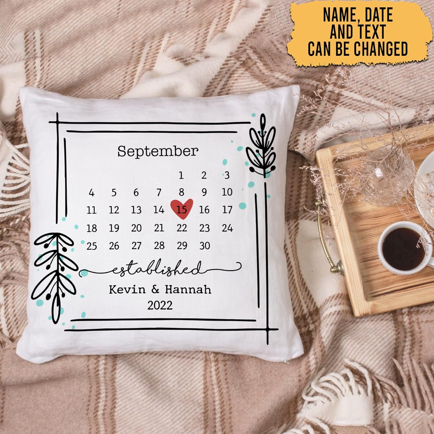 Wedding Date Personalized Pillow with Insert – Custom Calendar Anniversary Cushion – Romantic Gift for Couples on Valentine’s or Wedding Day