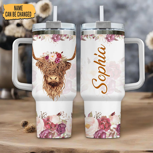 Highland Cow Floral Tumbler 40oz – Personalized Stainless Steel Insulated Cup with Handle & Straw – Unique Gift for Cow Lovers
