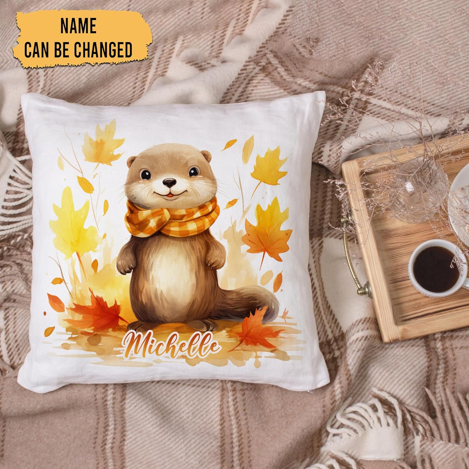 Otter Maple Leaves - Personalized Pillow (Insert Included)