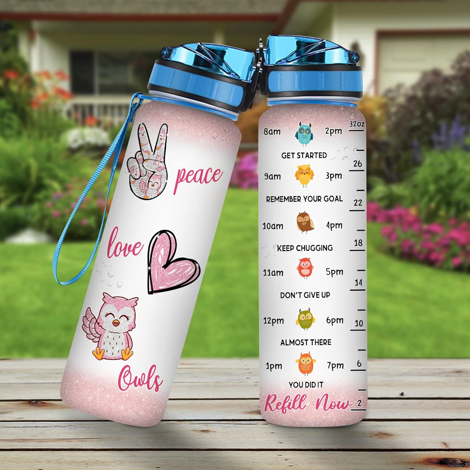 Peace Love Owls Water Bottle Tracker 32oz – Personalized Hydration Bottle with Time Marker – Fun Gift for Owl Lovers