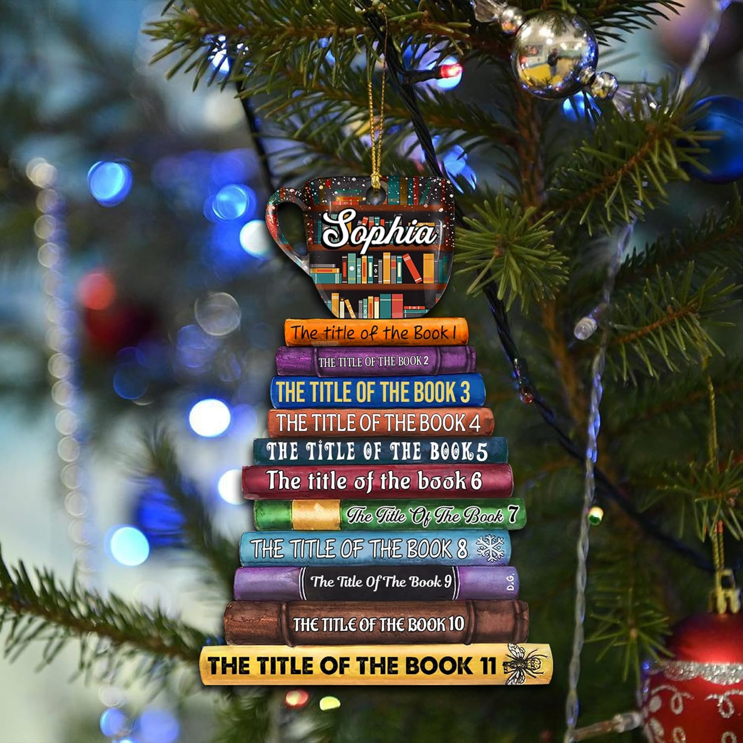 Personalized Book Stack Mug Cut Acrylic Ornament – Custom Reading Lover Christmas Gift for Librarian, Teacher, or Book Club Member