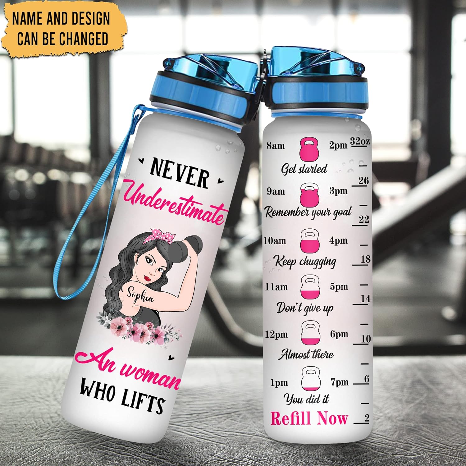 Strong Woman Fitness Theme Water Bottle Tracker 32oz – Personalized Motivational Hydration Bottle – Empowering Gift for Gym Lovers