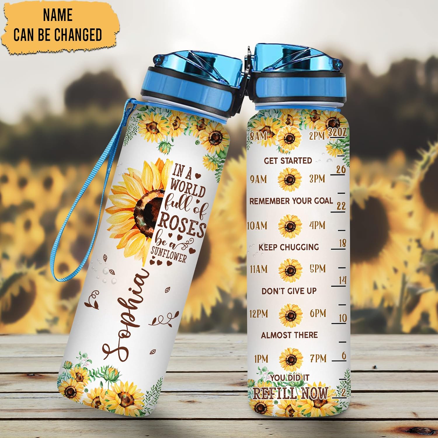 Be A Sunflower Water Bottle Tracker 32oz – Personalized Motivational Water Bottle with Time Marker – Gift for Sunflower Lovers