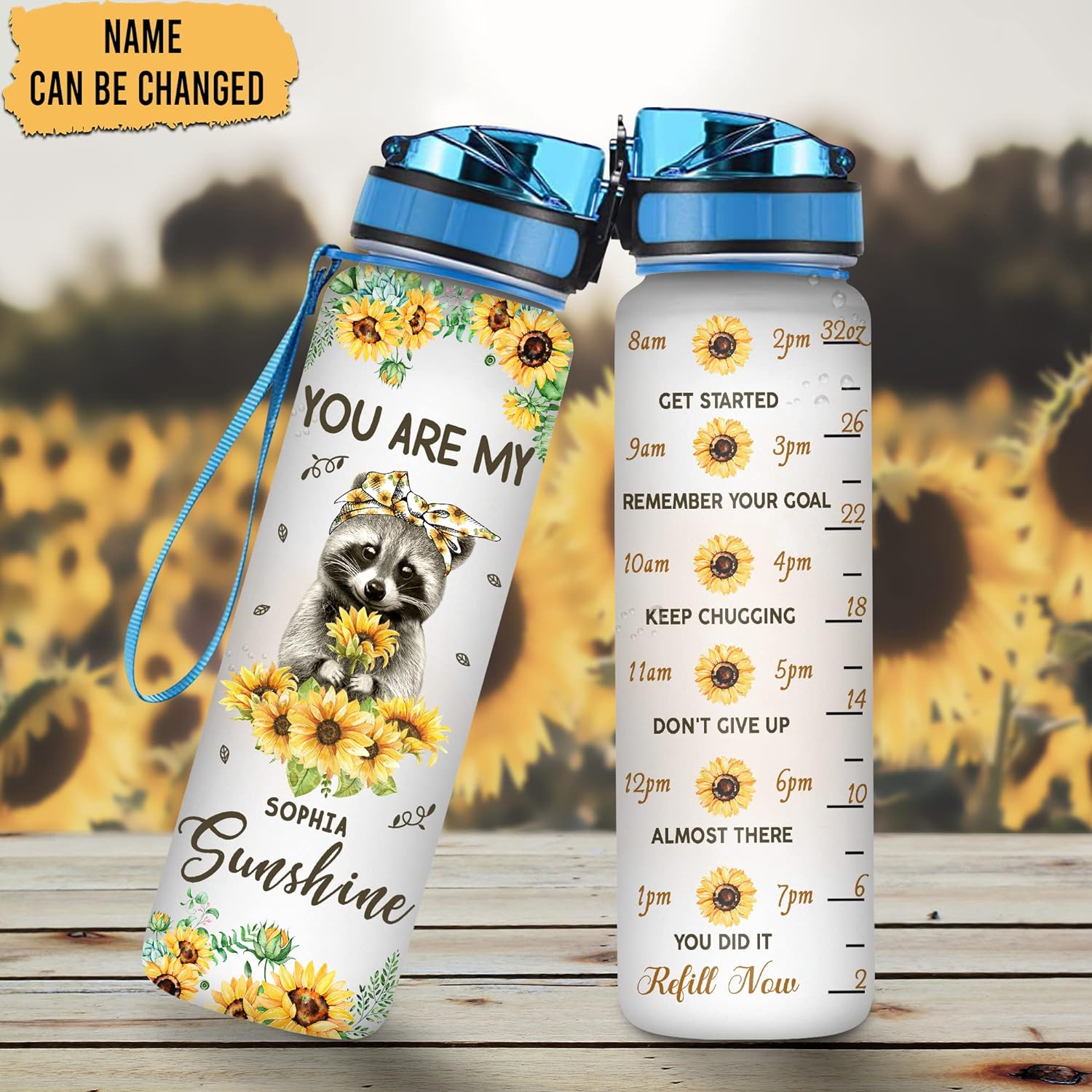 Raccoon & Sunflower Water Bottle Tracker 32oz – Personalized Motivational Bottle with Time Marker – Cute Gift for Animal Lovers