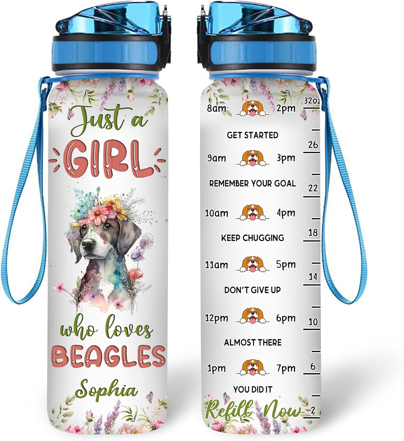 Beagle Lovers Water Bottle Tracker 32oz – Personalized Motivational Bottle with Time Marker – Perfect Gift for Dog Owners