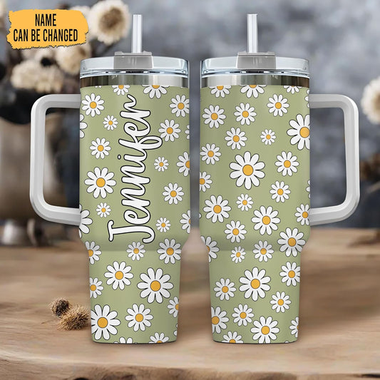 Daisy Flower Pattern Tumbler 40oz with Handle & Straw – Personalized Stainless Steel Insulated Cup with Lid – Stylish Gift for Floral Lovers