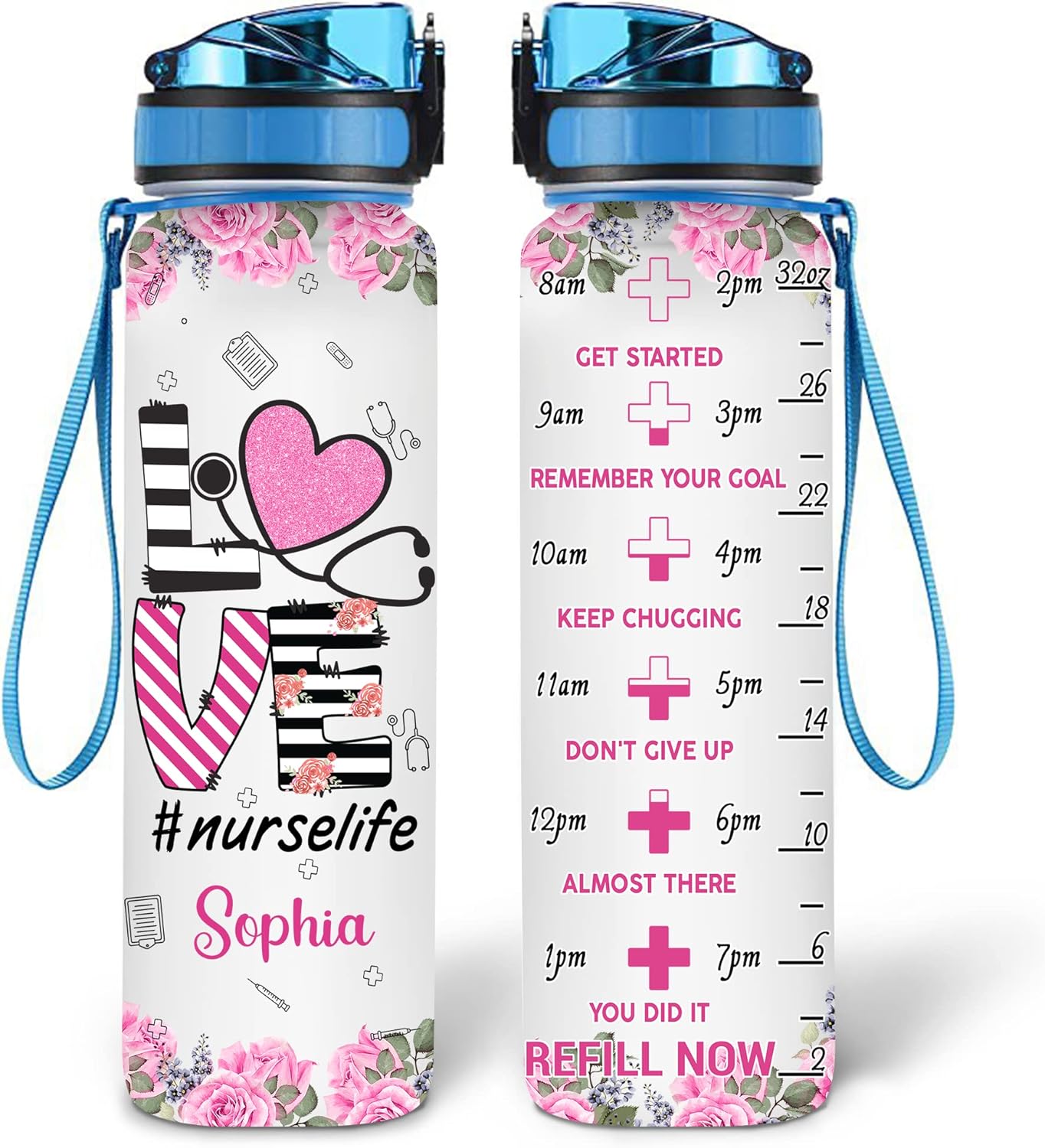 Nurse Life Water Bottle Tracker 32oz – Personalized Hydration Bottle with Time Marker – Appreciation Gift for Nurses