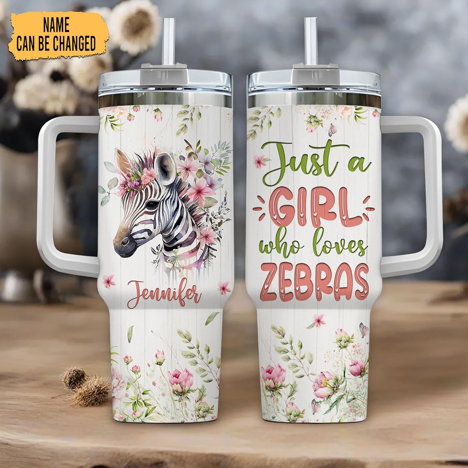 Zebra Floral Tumbler 40oz – Personalized Stainless Steel Insulated Cup with Handle & Straw – Creative Gift for Zebra Lovers