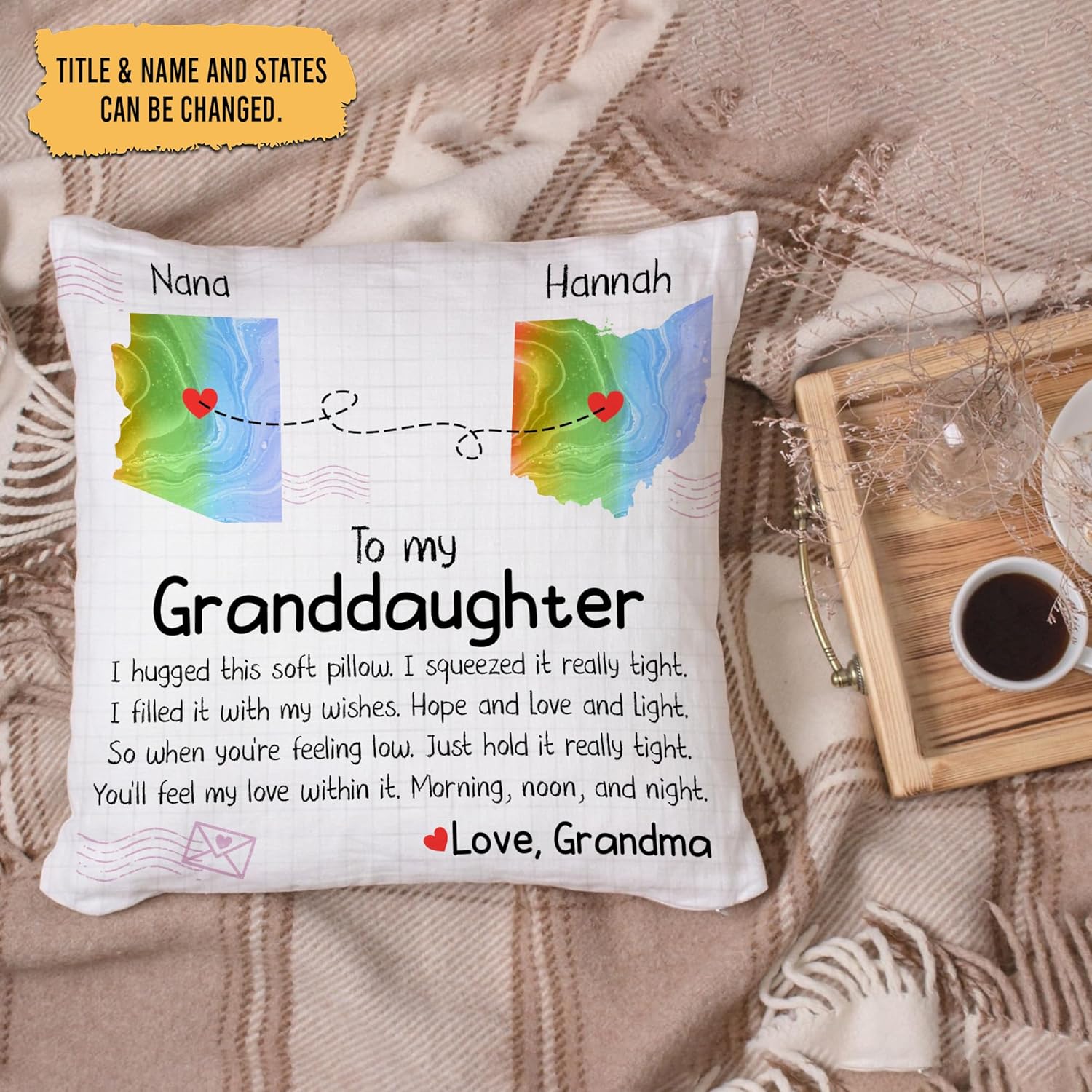 To My Granddaughter Personalized Pillow with Insert – Long Distance State Map Cushion – Cozy Keepsake Gift from Grandma