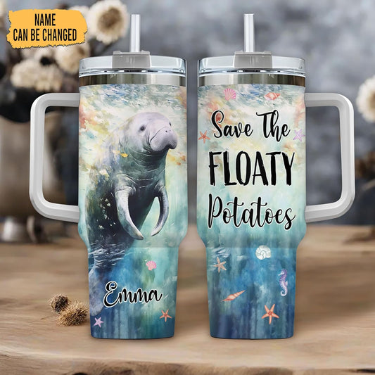 Manatee Lover Tumbler 40oz with Handle & Straw – Personalized Stainless Steel Insulated Travel Cup with Lid – Cute Sea Animal Gift for Women & Girls