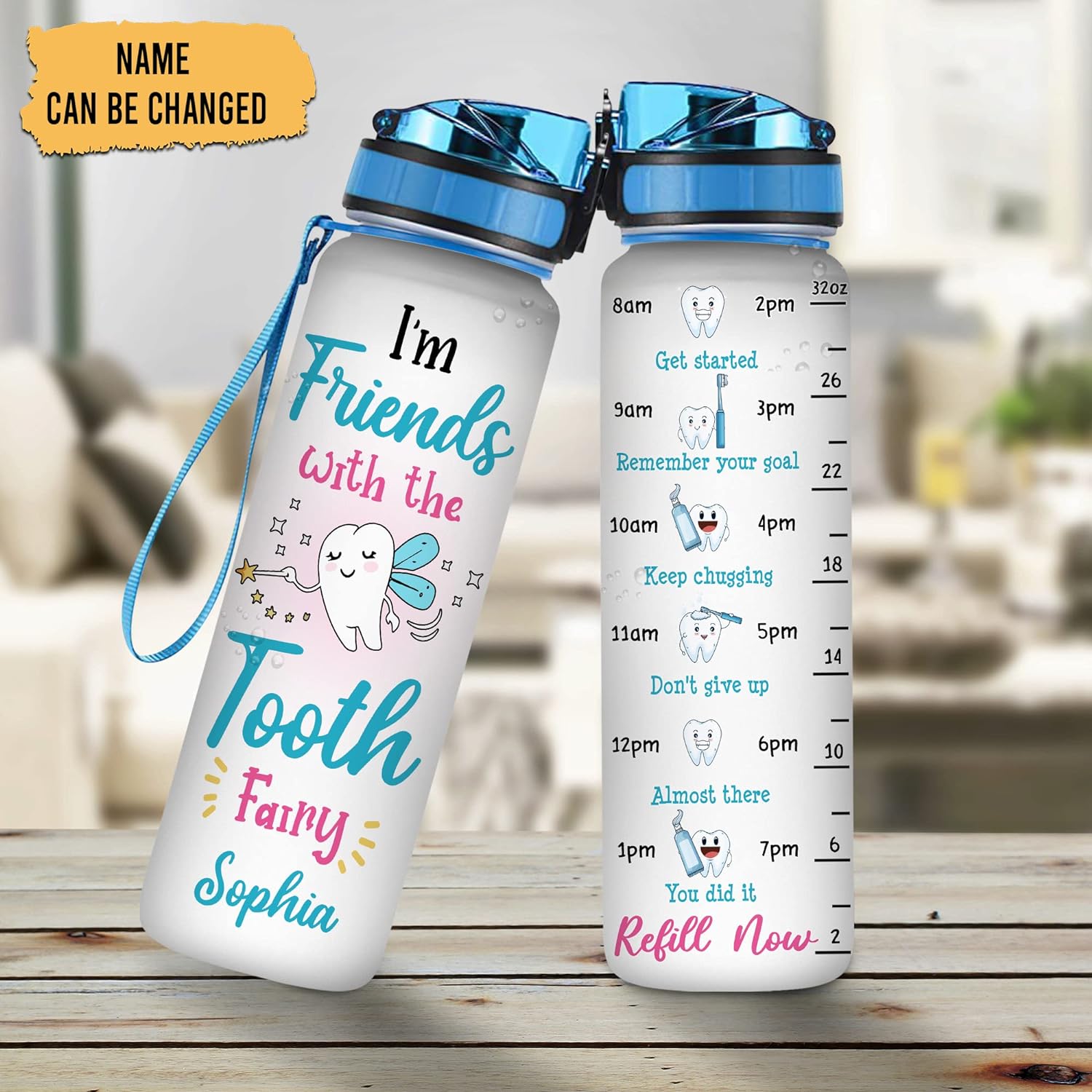 Tooth Fairy Water Bottle Tracker 32oz – Personalized Dentist Hygienist Hydration Bottle with Time Marker – Cute Gift for Women